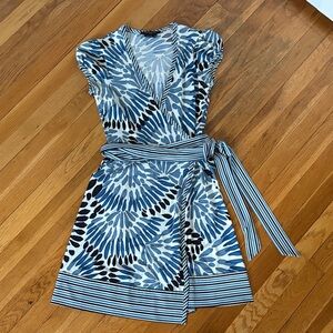 BCBGMaxAzria Blue Multi Floral Wrap Dress with Striped Sash